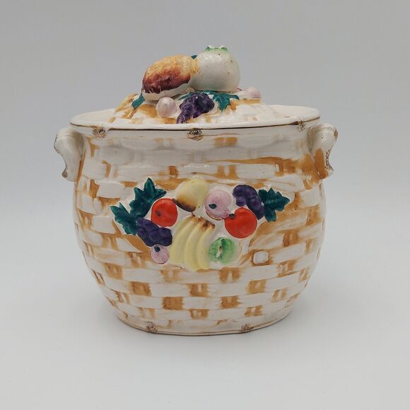 1950s Wicker & Fruit Porcelain Container with Lid Made in Taiwan